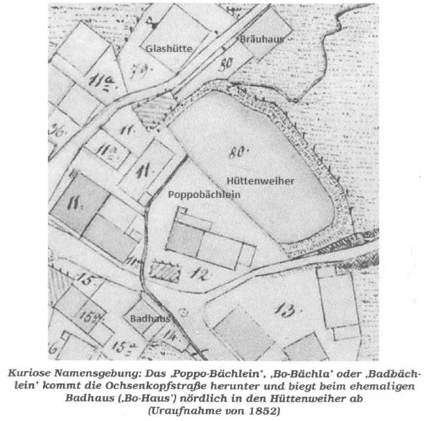 Historischer Lageplan von 1852 mit Hüttenweiher, Brauhaus, Glashütte und Poppo-Bächlein