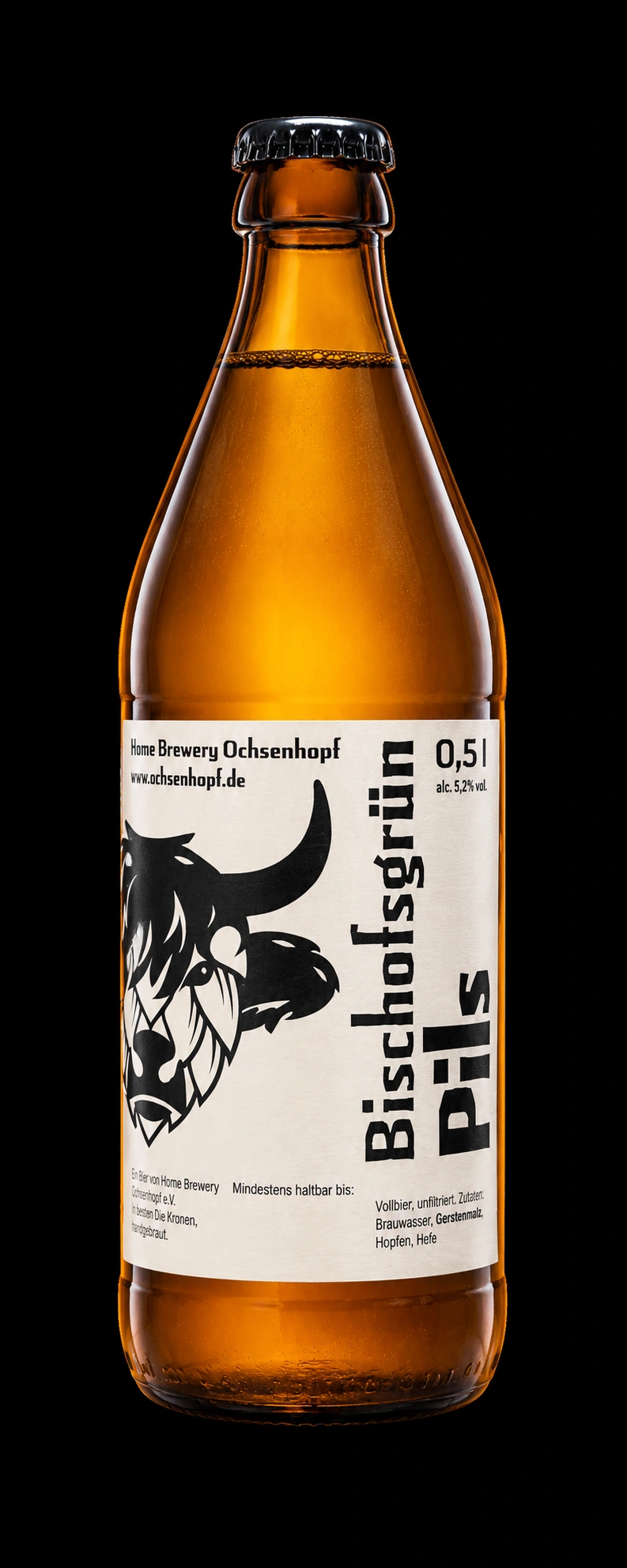 Bischofsgrün Pils in der braunen 0,5-Liter-Flasche mit weißem Etikett